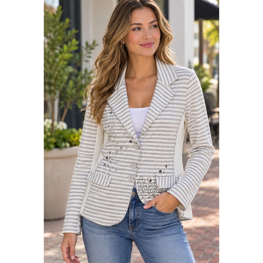 Dolcezza Jacket Womens M Gray Stripe Embellished Art To Wear Blazer Turkey -2417